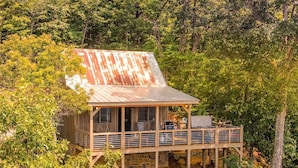 A rustic cabin with a wooden deck, surrounded by dense forest. - What A View | Ellijay, GA (Ellijay)