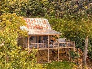 Un chalet rustique doté d’une terrasse en bois, entouré d’une forêt dense.