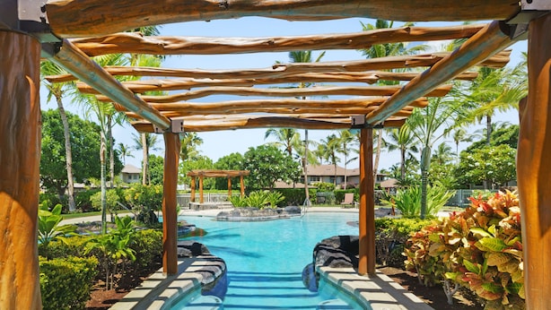 A pool area with a wooden pergola, palm trees, and a clear blue pool.