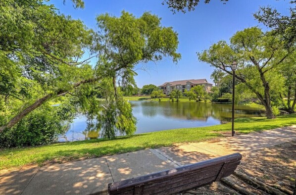 Sit and enjoy the peaceful view of the serene pond surrounded by lush greenery.