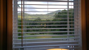 A window with horizontal blinds, a view of a green landscape with trees and a hill, and a golf course in the distance.