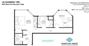 A floor plan of a property with two bedrooms, two bathrooms, a master bedroom, and an entryway. It includes a TV in the master bedroom and a TV in the hallway. The property is 705 sq ft and located 40 yards from the ski slope and Blackcomb Gondola.