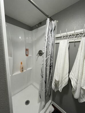 Douche, séchoir à cheveux, serviettes fournies, savon