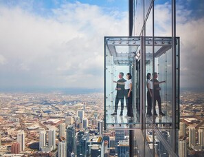 A glass elevator with a city view. - Stylish Luxe King bed w/Free Parkng near DT Oak Pk (Oak Park)
