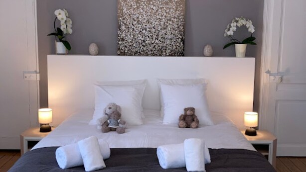 A neatly made bed with white and gray bedding, two bedside lamps, and a floral artwork above the bed. - GITE***** DE LUXE VOSGES: CHEZ LIVIA (Bruyères)