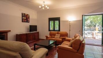 Een televisie, een open haard, een dvd-speler en een stereo