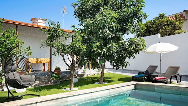 Piscina con sillas de descanso y una hamaca colgante, rodeada de follaje y una pared blanca.