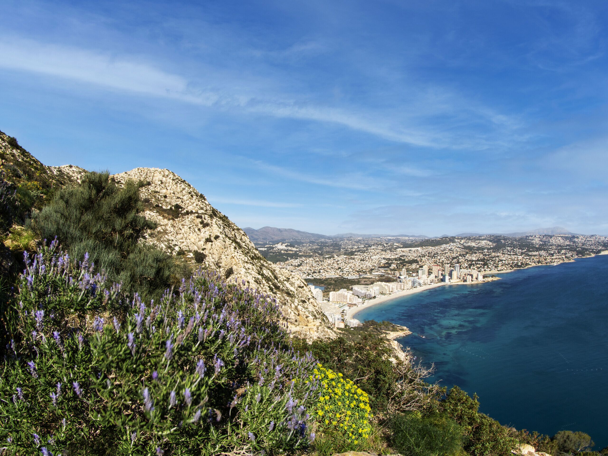 A coastal cityscape with a prominent rocky cliff and a beach.