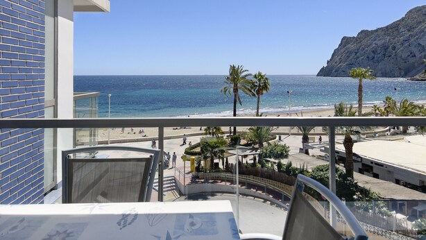A balcony with a view of the beach and ocean, featuring palm trees and a rocky cliff. - First line / Wifi / Spa / Seaviews / Heated pool / Pets (Calpe)