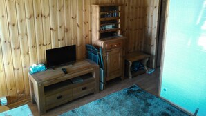 Habitación con paredes de paneles de madera, mueble de entretenimiento de madera con televisor de pantalla plana, una mesita pequeña y una alfombra azul.