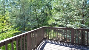 A wooden deck with a view of dense green trees.