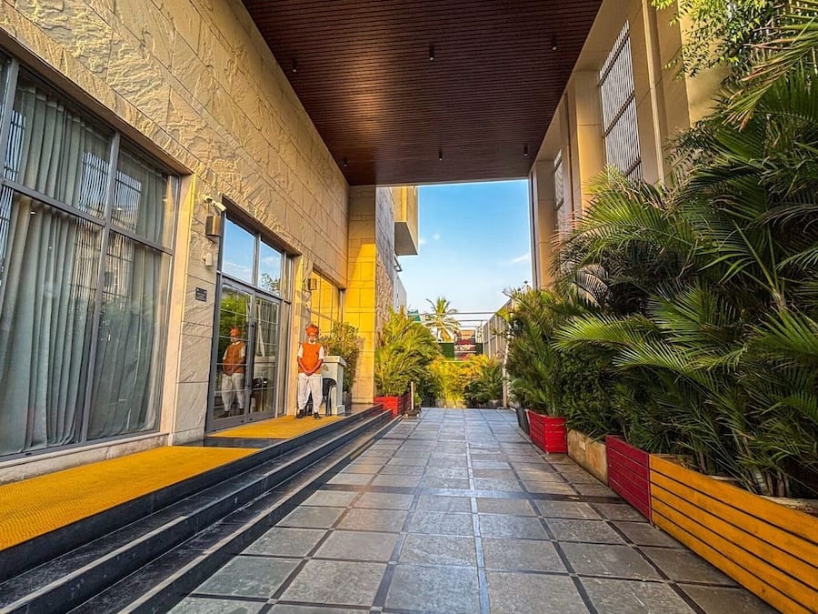 A covered walkway with steps leading to a building entrance, surrounded by potted plants and a clear sky.