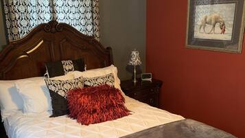 Egyptian cotton sheets, premium bedding, desk, laptop workspace