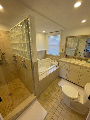 Bathtub, jetted bath, hair dryer, towels