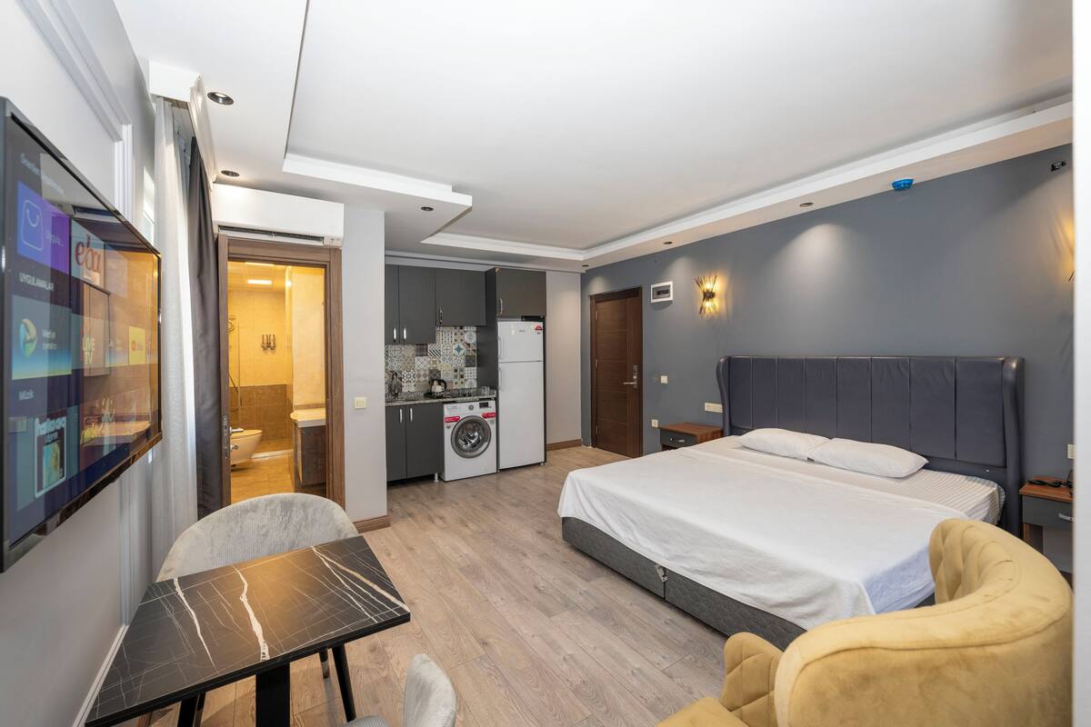 A hotel room with a bed, a desk, a chair, a TV, a washing machine, and a kitchen area.
