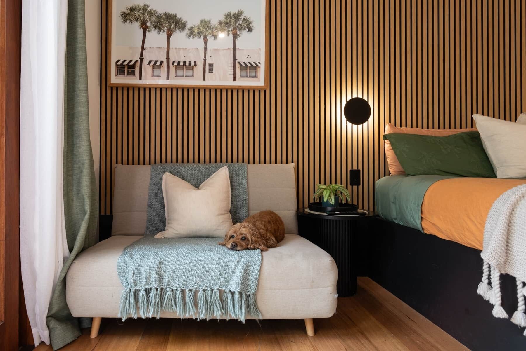 Un dormitorio acogedor con sofá, cama, mesita de noche y luz empotrada en la pared.