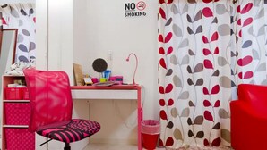 Una stanza con scrivania, sedia e cartello ‘No Smoking’.