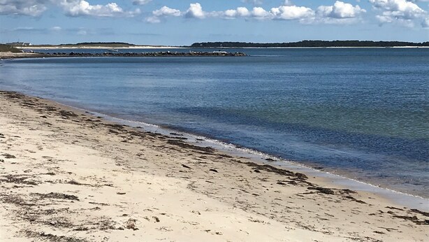 Ein Strand mit klarem Wasser, sandigem Ufer und einer fernen felsigen Klippe.
