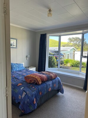 A bedroom with a large bed, a window with a view of the outside, a ceiling light, and a wall-mounted picture. - Simpson's Beach - Fantastic View - Beach Home (Whitianga)