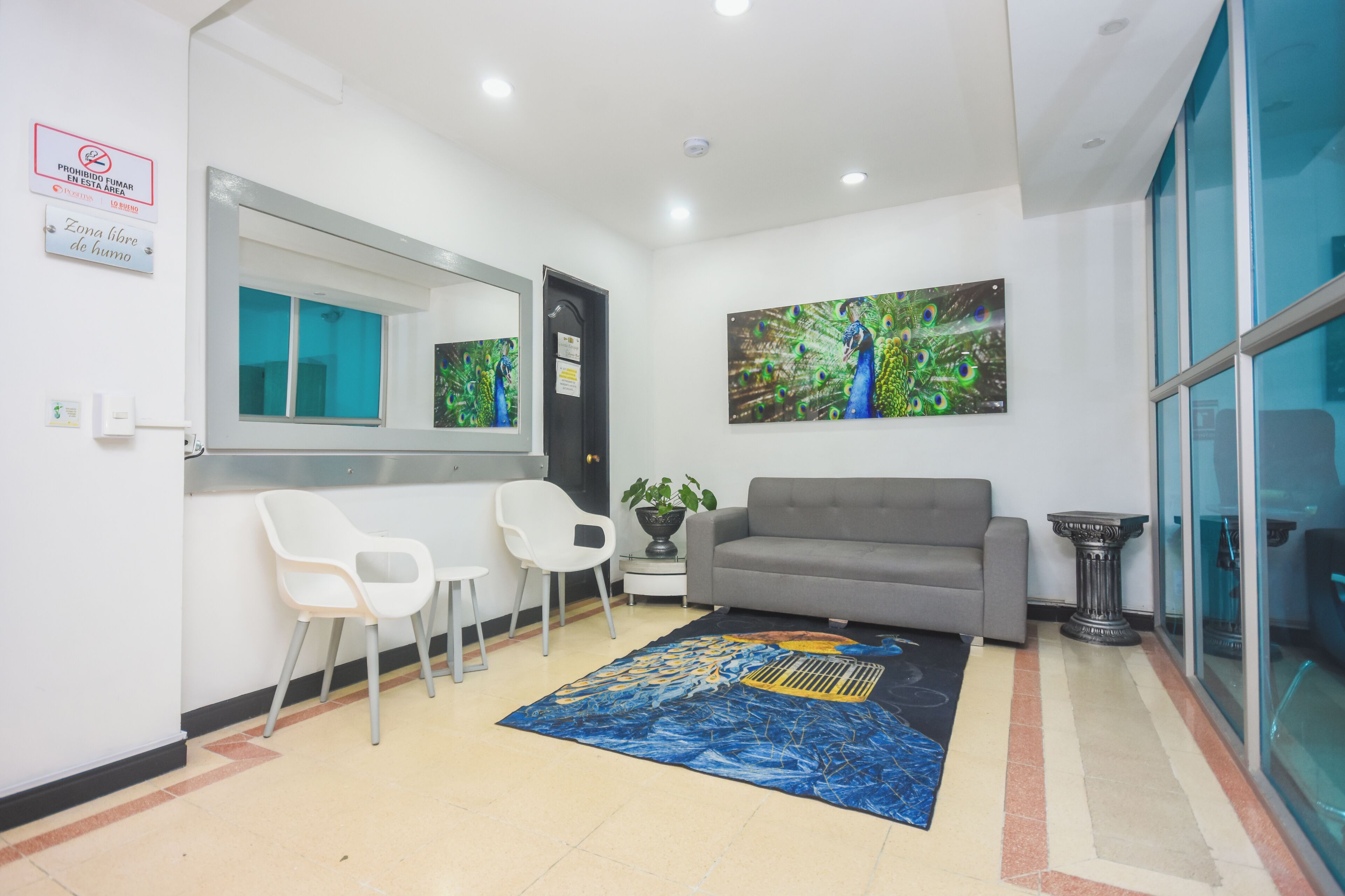 A reception area with a sofa, chairs, a large mirror, a painting, and a patterned rug.