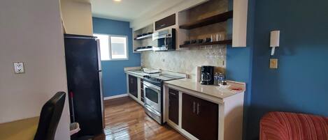 Frigorífico, microondas, horno y placa de cocina