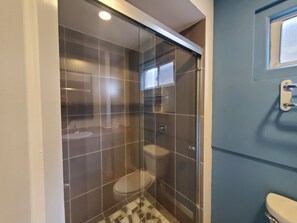 Regadera, toallas, jabón, papel de baño