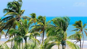 Een strand met palmbomen en een helderblauwe lucht.