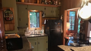 Une cuisine avec un mur en briques, un évier, un réfrigérateur et une fenêtre donnant sur une terrasse.