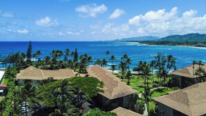 A coastal resort with multiple buildings, palm trees, and a view of the ocean. - Lae Nani 114.  Beachfront, Ground Floor Condo (Kapaʻa)