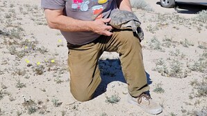 Un hombre sostiene una tortuga en un paisaje desértico, con poca vegetación y un coche estacionado al fondo.
