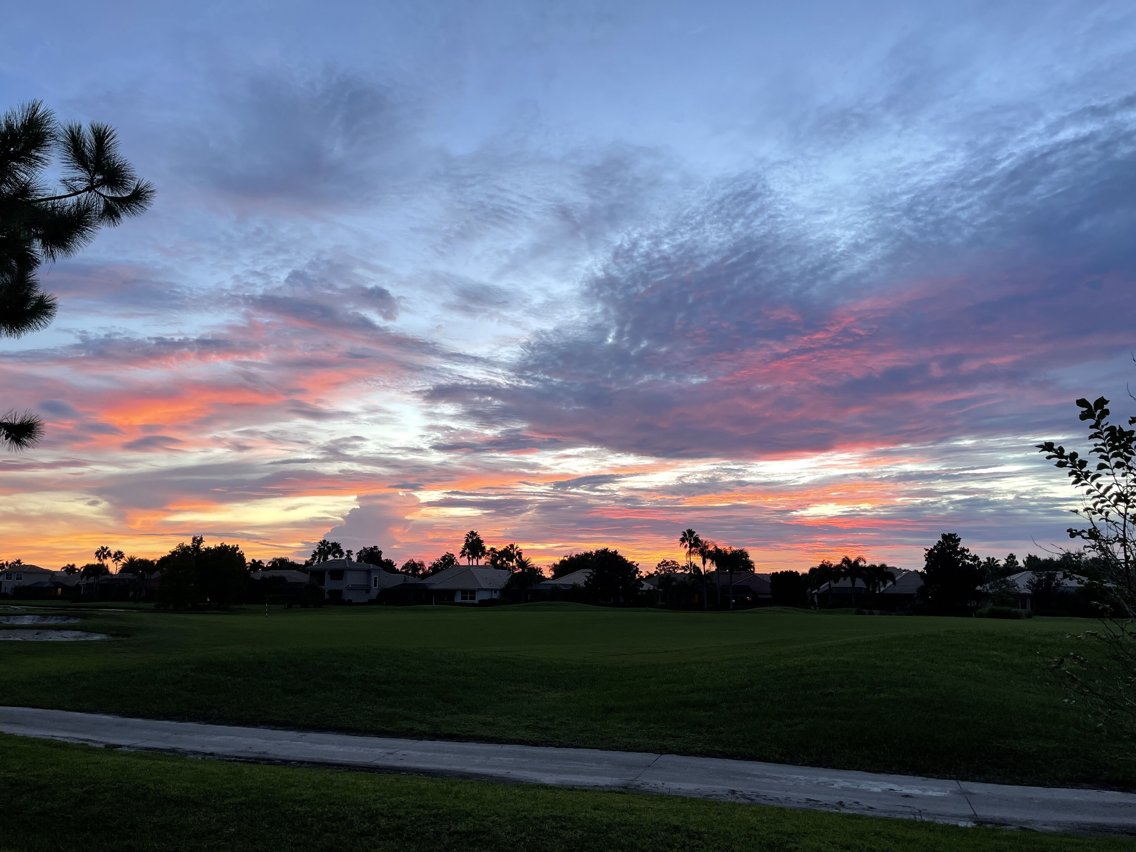A residential area with houses and a grassy field during sunset.