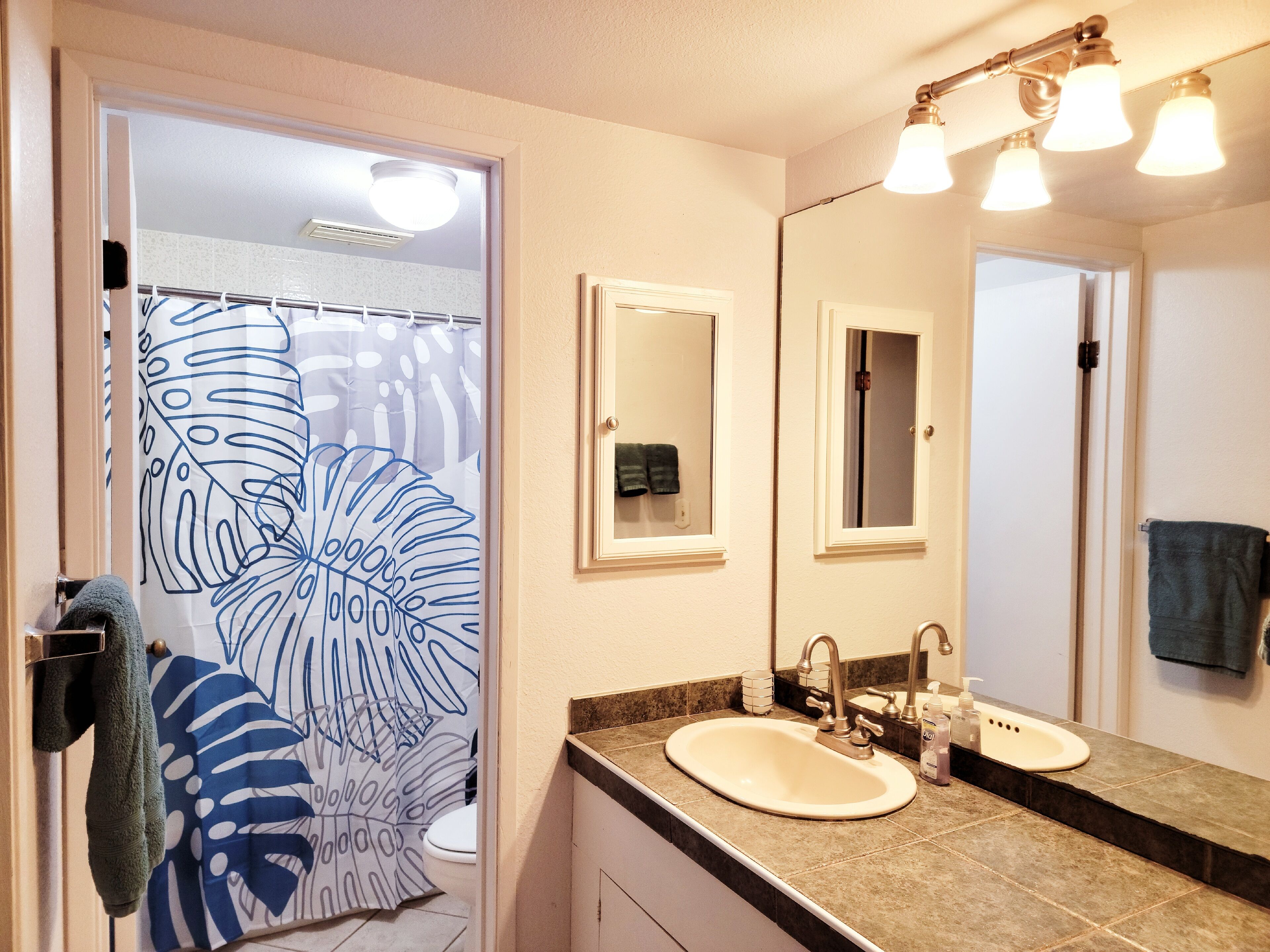 A bathroom with a shower curtain, sink, mirror, and towel rack.
