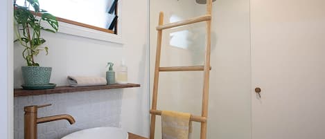 Shower, hair dryer, towels, soap
