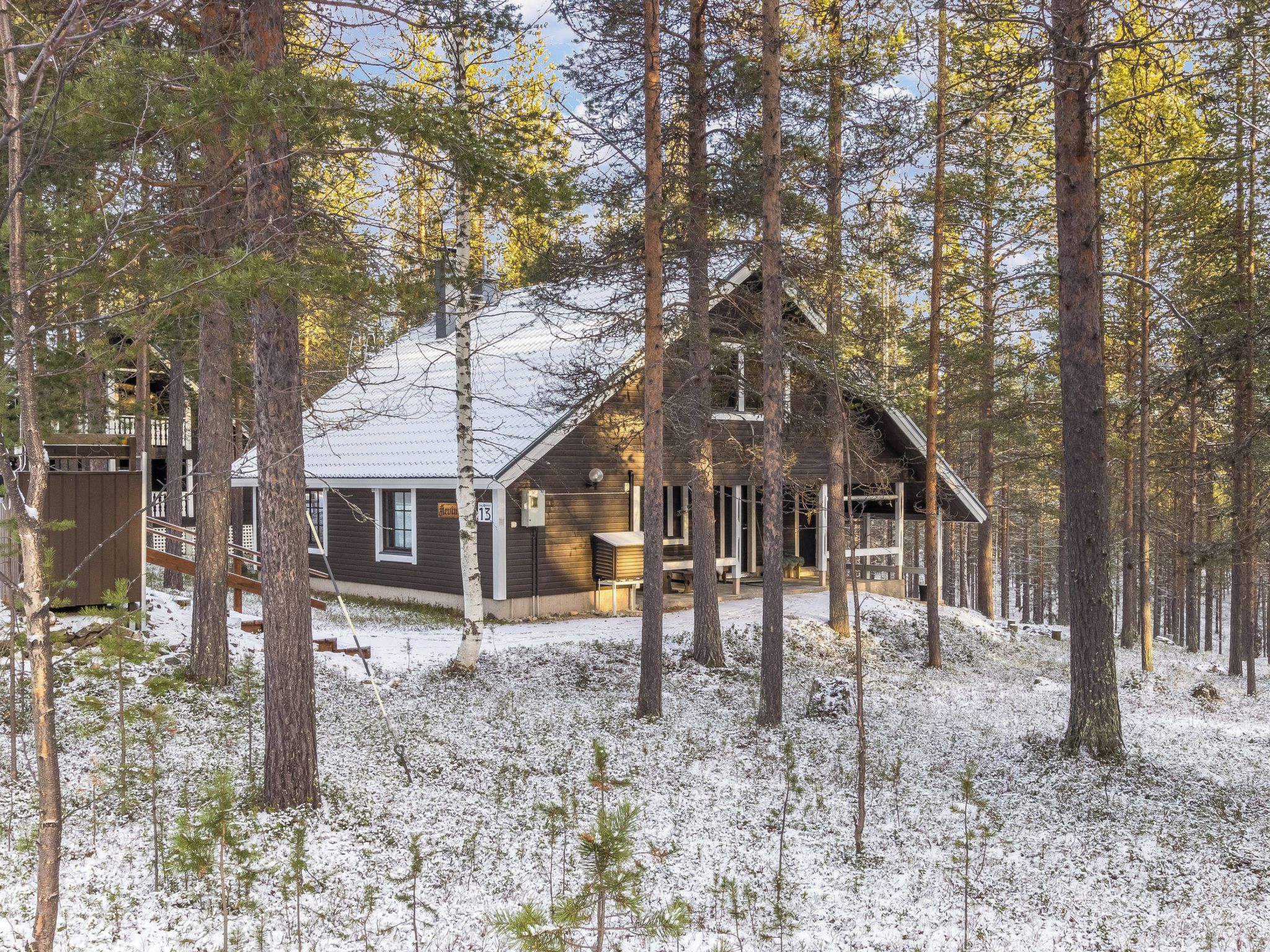 A cabin surrounded by tall trees and snow-covered ground.