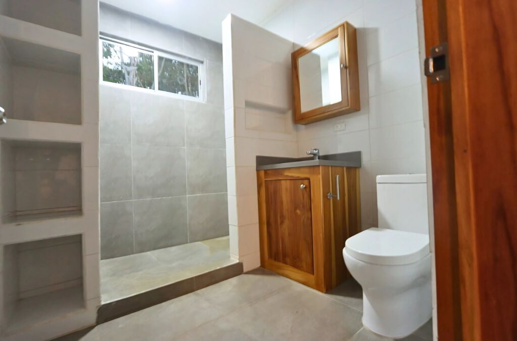 Une salle de bain avec douche, toilettes et meuble en bois.