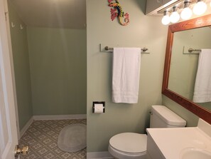 Een douche, handdoeken, toiletpapier