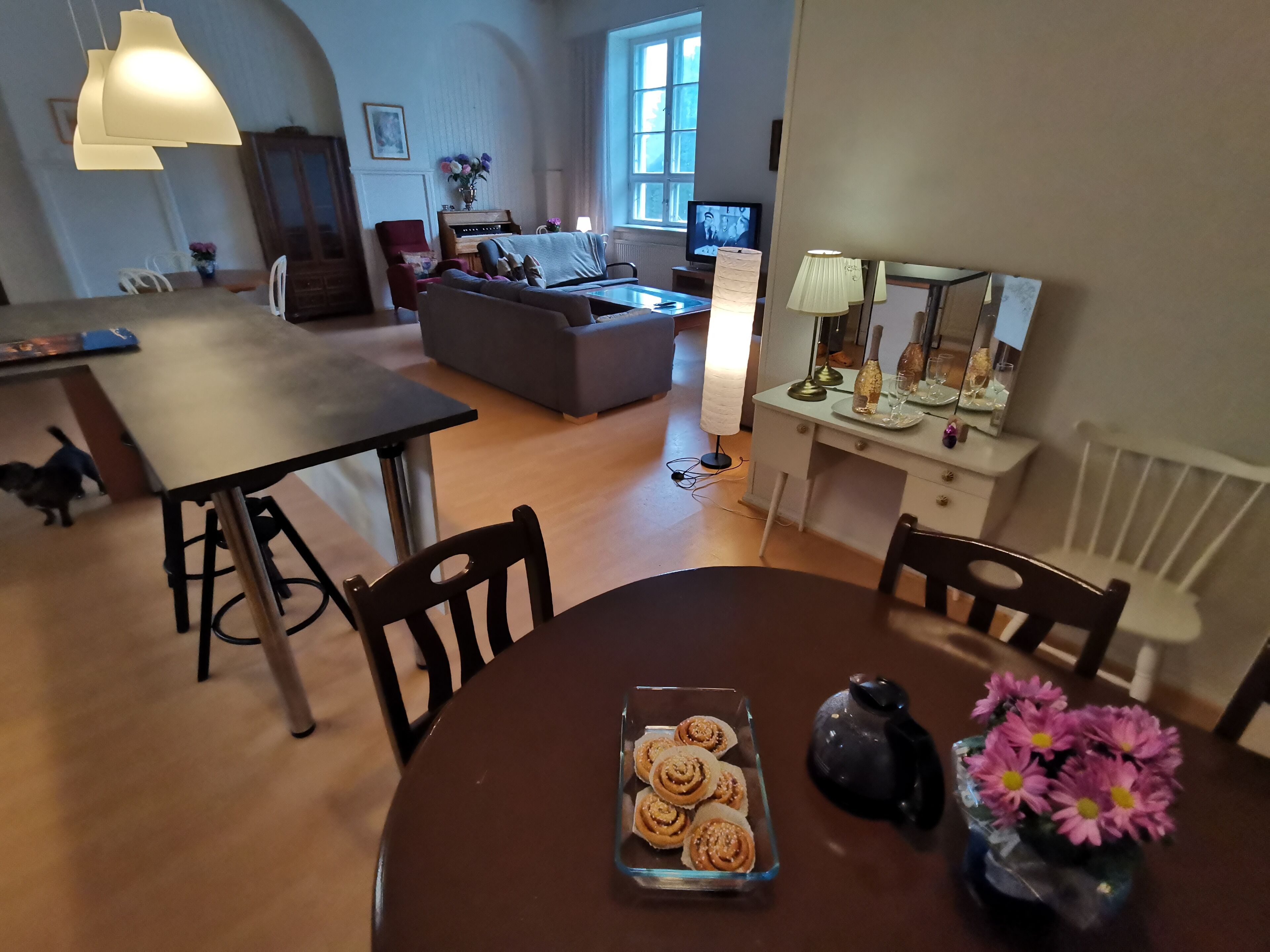A cozy living room with a sofa, a dining table with chairs, a TV, and a lamp.
