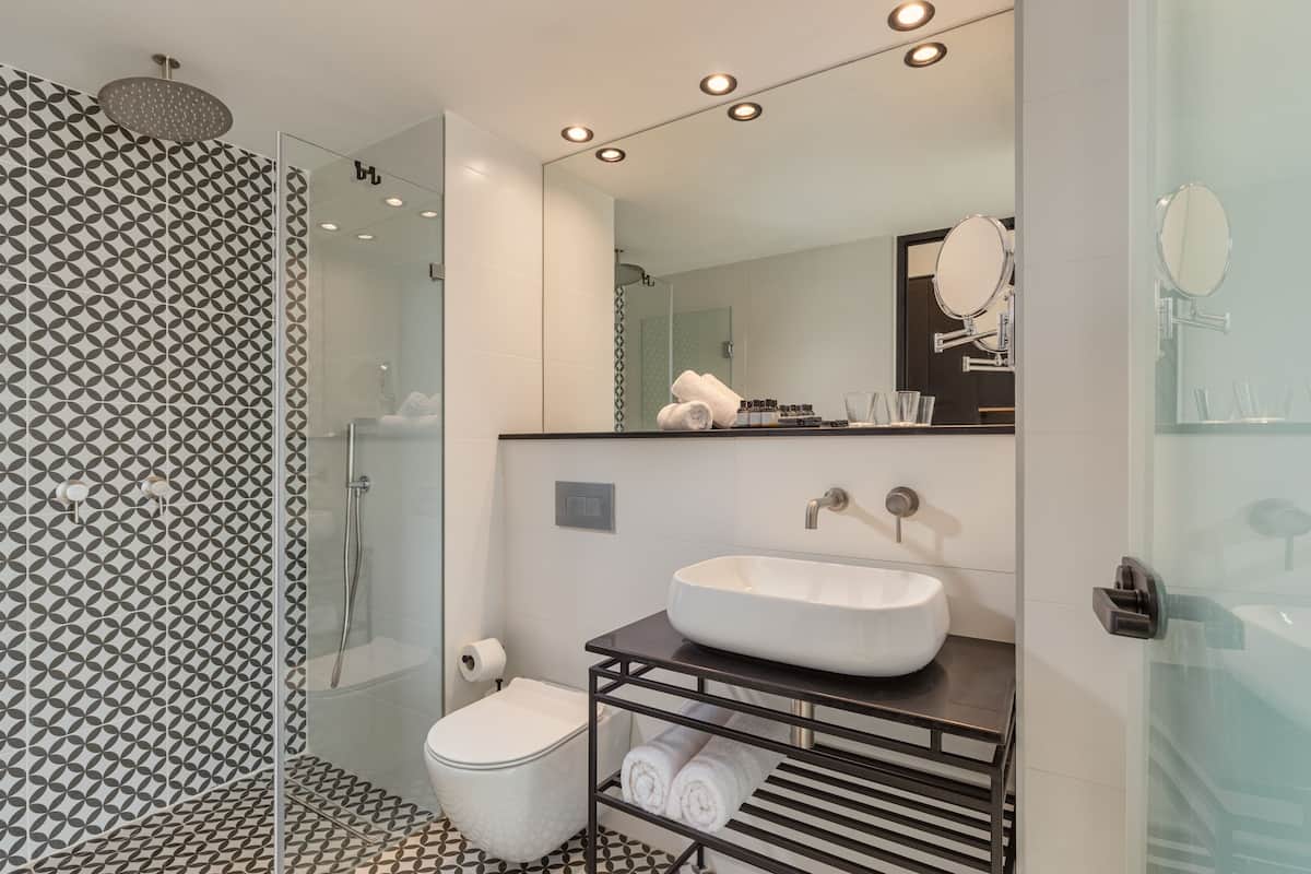 shower, hydromassage showerhead, free toiletries, hair dryer