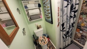 Chuveiro, secador de cabelo, toalhas de banho, sabonete