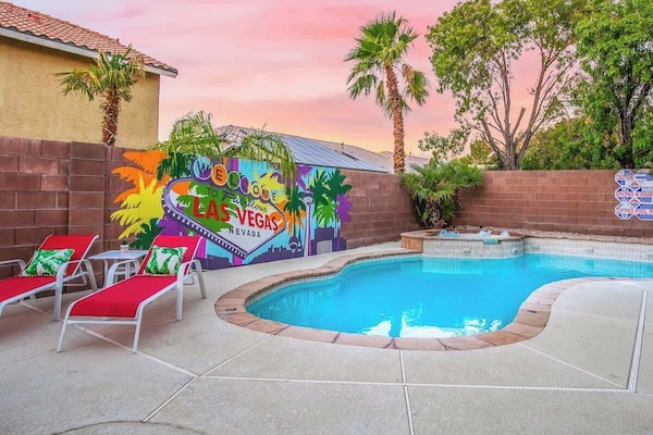 Luscious trees surround our backyard- the perfect hangout location for you and your group to take a dip in the pool and enjoy the fabulous Henderson weather!