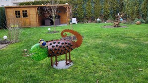 A garden with a metal sculpture of a frog and a squirrel. There is a wooden structure in the background. - Vacation apartment RuBi - Holiday apartment (Stralsund)