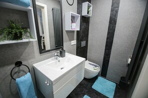 Douche, séchoir à cheveux, serviettes fournies, savon