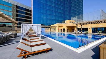 Outdoor pool, pool umbrellas, pool loungers