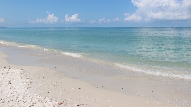 Una playa con agua turquesa cristalina y una orilla arenosa.