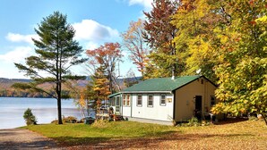 A cabin with a green roof, a dock, and a view of a lake and forest. - "Andy's Place" (Abbot)