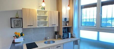 Kühlschrank, Mikrowelle, Herdplatte, Wasserkocher mit Kaffee-/Teezubehör