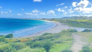 Un paysage côtier avec une plage, un ciel dégagé et des collines à l’horizon.
