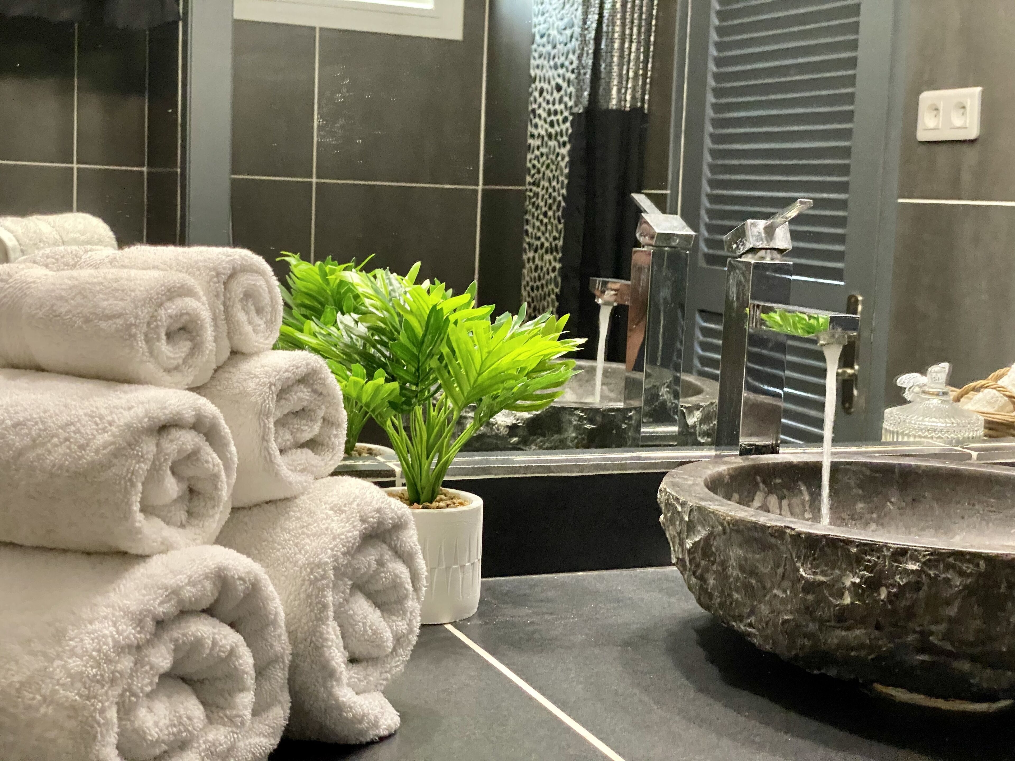 A bathroom with a stone sink, a potted plant, and neatly rolled towels.
