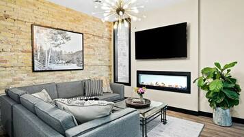 TV connectée, cheminée, lecteur de DVD, livres