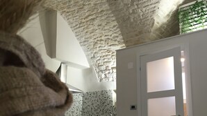 Une cuisine avec un plafond en pierre, un mur recouvert de carreaux et une porte blanche donnant sur une autre pièce.